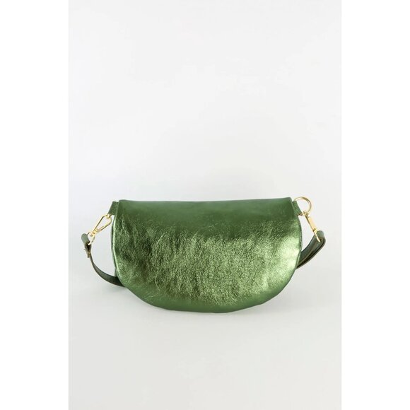 Metallic Green Italian Real Leather Fanny Pack | 2-Strap Crossbody Waist Bag - Picture 2 of 7